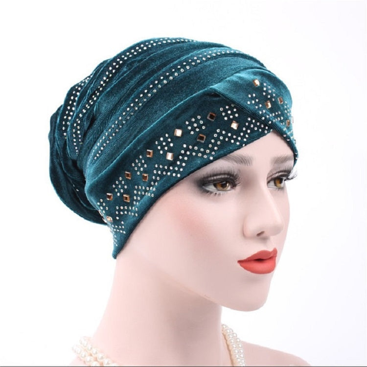 Adjustable rhinestone turban hat in teal with glittering bead and rhinestone trim