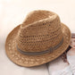 Children's khaki straw panama hat, wide brim, woven texture with dark striped band