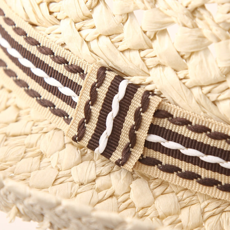Woven straw hat band detail with dark, cream, and white horizontal stripes