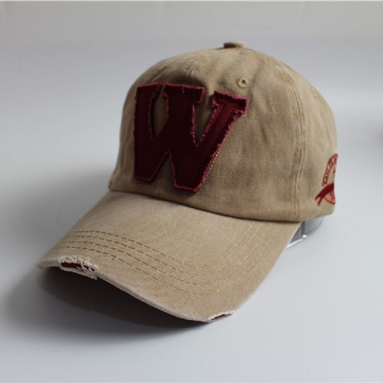 Khaki canvas baseball cap front view with burgundy 'W' applique