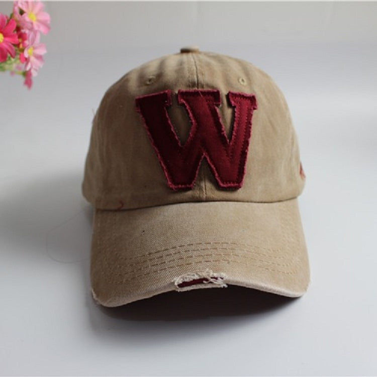 Khaki canvas baseball cap with burgundy 'W' applique on crown
