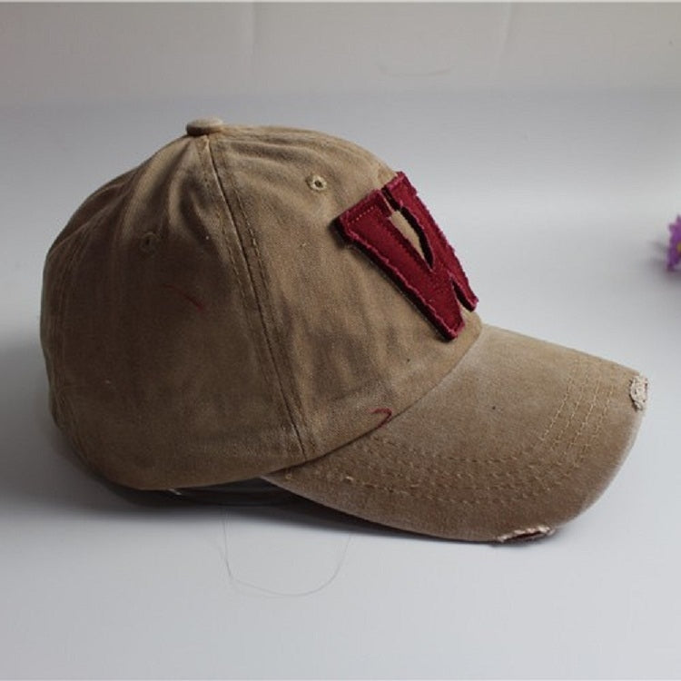 Khaki canvas baseball cap with burgundy 'W' side applique