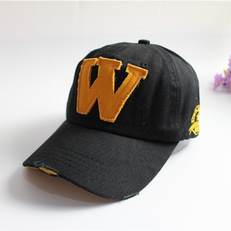 Black canvas baseball cap with orange 'W' applique and yellow side badge