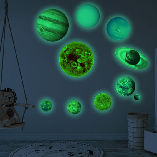 Glow fluorescent solar system wall stickers set with planets and rings in green light.