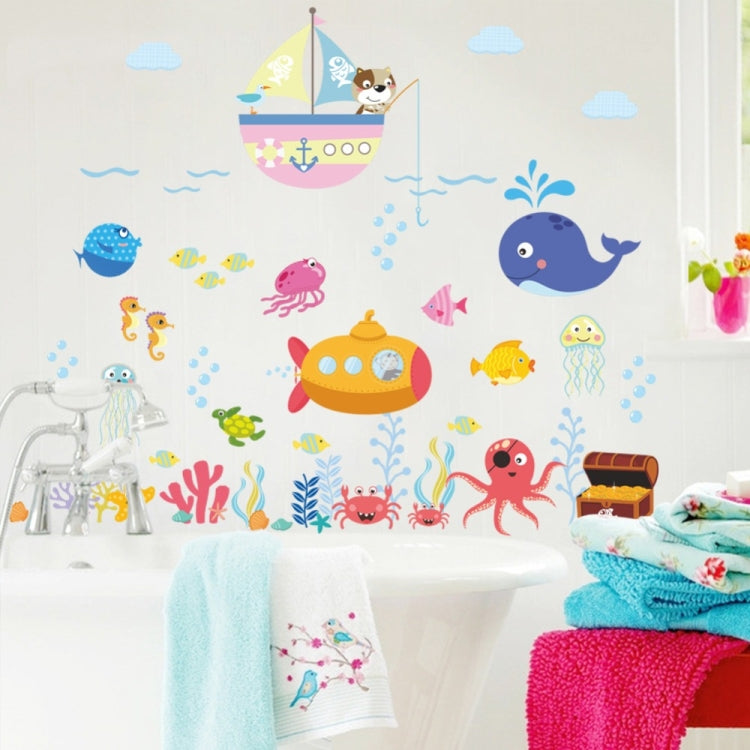 Ocean cartoon wall sticker set with whale, submarine, fish, octopus, coral and jellyfish