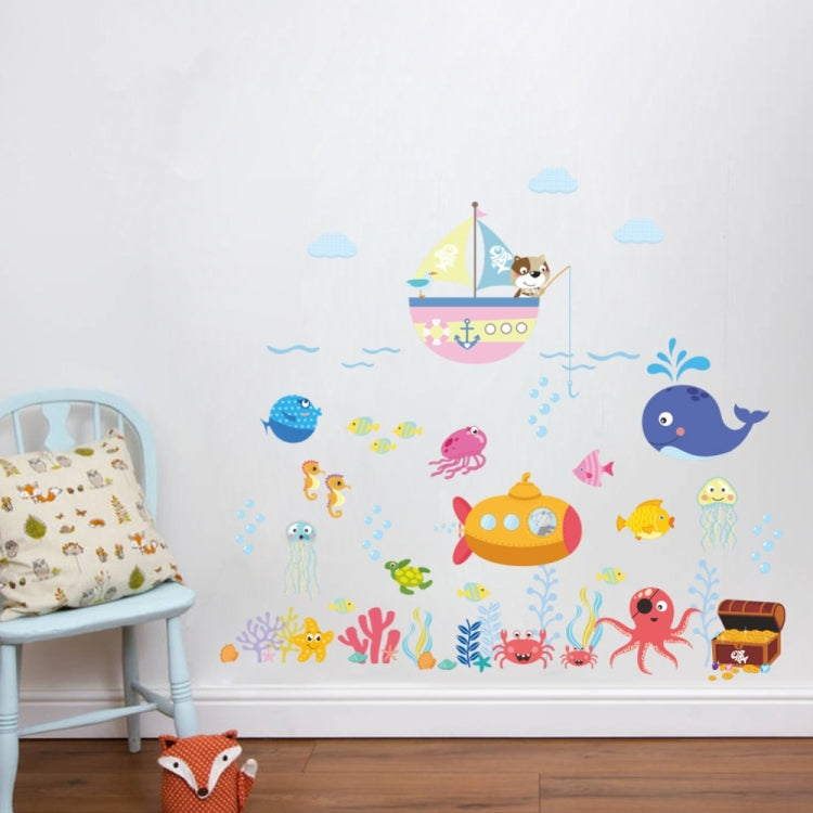 Sea life wall sticker design with whale, ship, submarine, fish, jellyfish, coral and bubbles