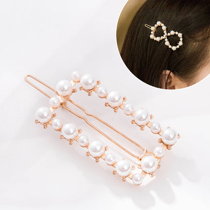 Rose-gold pearl hairpins with long gold bar and white bead cluster