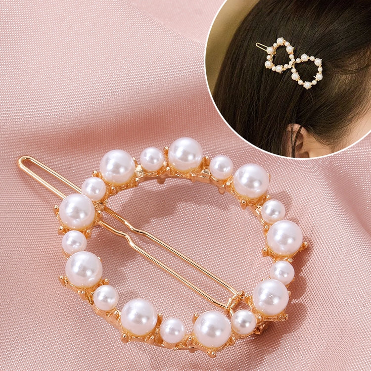 Pearl hairpin with oval row of white beads on rose-gold barrette