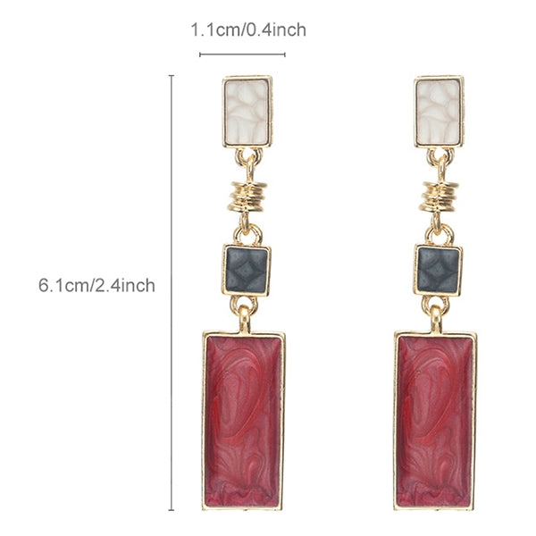 Gold-tone drop earrings, red rectangle dangle with black square and small white top