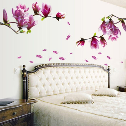 Magnolia flower wall decal set with pink blossoms, branches, and scattered petals