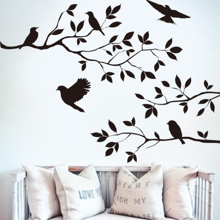 Bird and branch wall sticker decal with black silhouettes and leafy vines