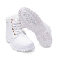 Sole view of white lace-up boots with star grip tread pattern