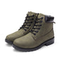 Pair of olive green lace-up warm ankle boots with padded collar and rugged tread sole