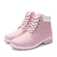 Pink lace-up warm ankle boots with padded collar, metal eyelets, and rugged tread sole