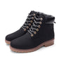 Black lace-up warm boots with padded collar, side tab, and rugged brown lug sole