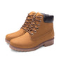 Tan winter boots, lace-up with padded collar and side tab, rugged treaded lug outsole