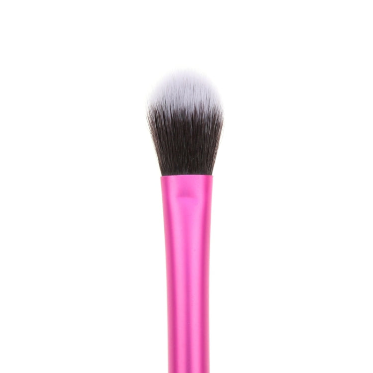 Pink eye shadow brush with dense rounded bristles on aluminum tube handle
