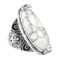 Antique silver oval white cabochon ring with ornate filigree flower band