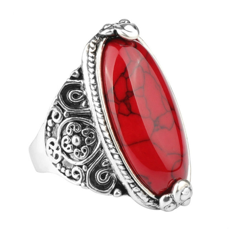 Antique silver oval red cabochon ring with raised bezel and filigree band