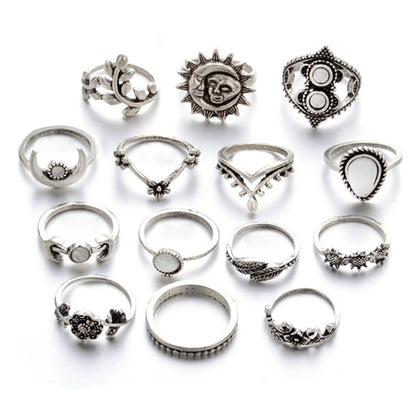14-piece punk vintage ring set with silver-tone hollow carved designs and waterdrop shapes