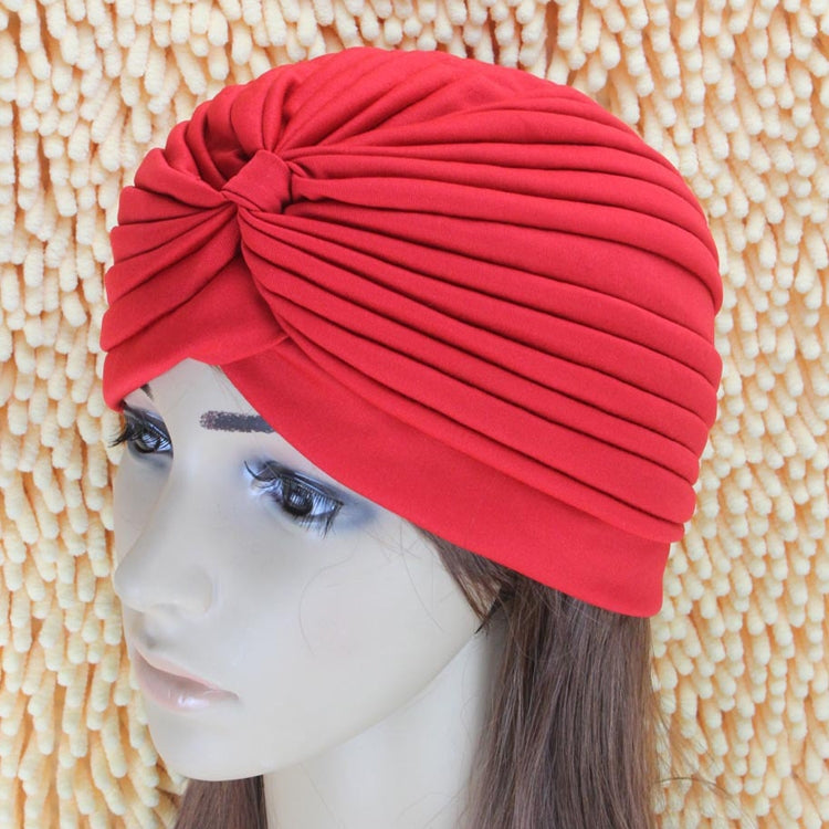 Red ruched turban head wrap with front knot, stretchy band sleep hat
