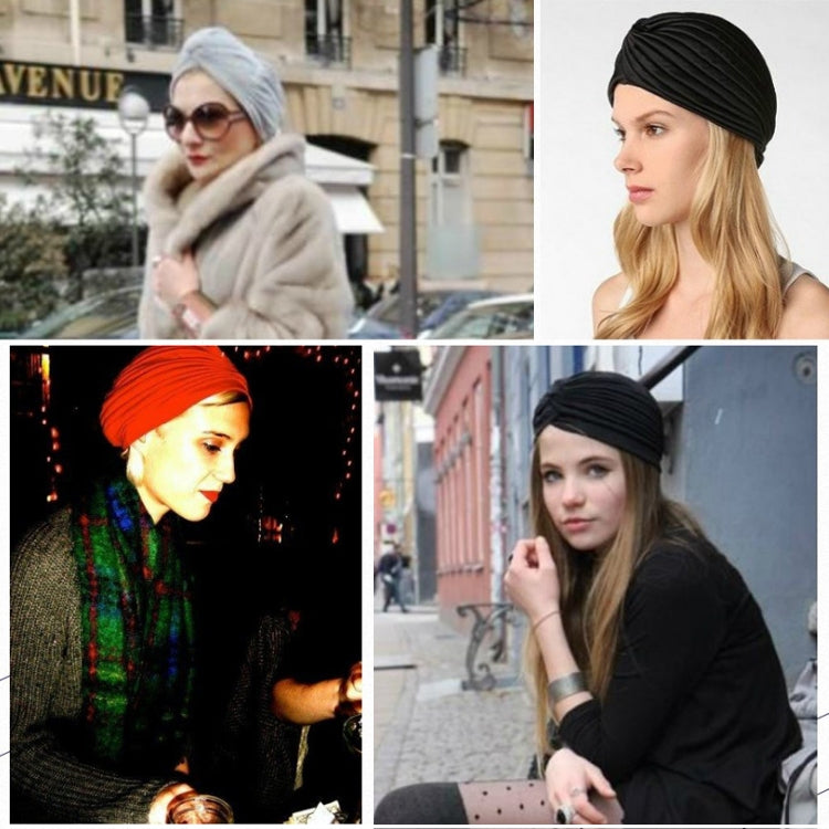 Turban head wrap on models in gray, red, and black styles