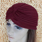 Wine red ruched turban head wrap with front knot, stretchy sleep hat band