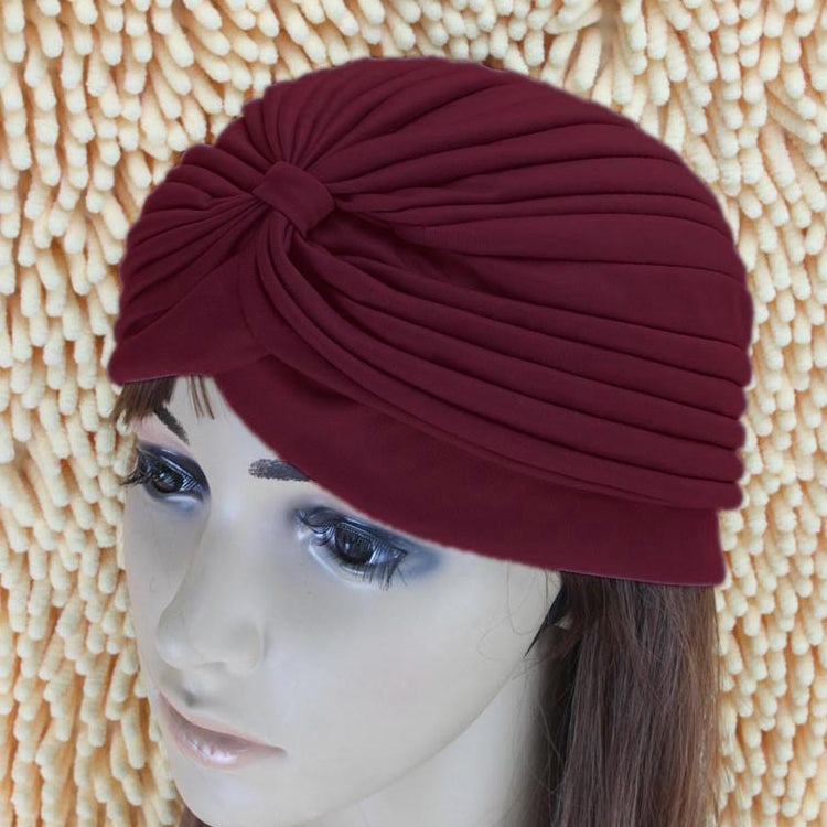 Wine red ruched turban head wrap with front knot, stretchy sleep hat band