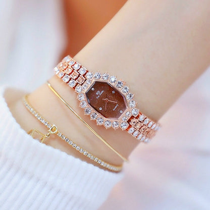 Rose gold octagonal rhinestone bracelet watch with brown dial and gem-studded band
