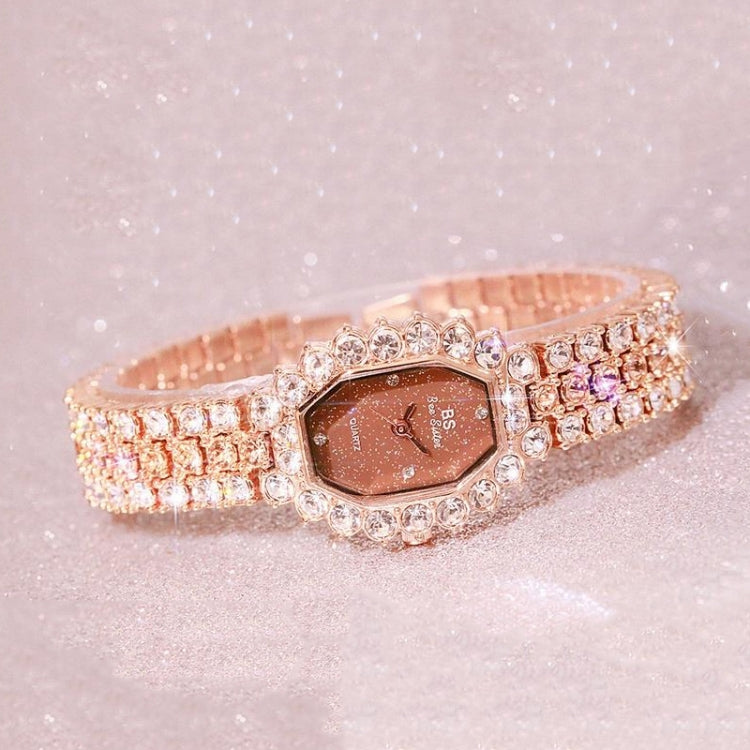 Rose gold octagonal rhinestone watch bracelet with brown dial and sparkling stone border