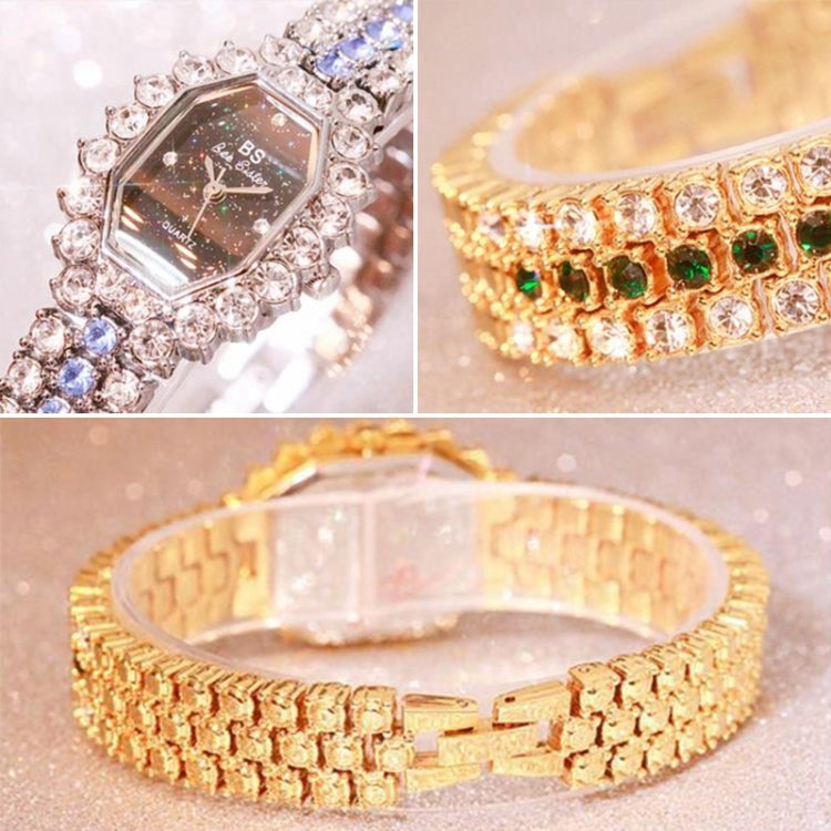 Gem-studded octagonal watch face and gold rhinestone bracelet with multicolor stones