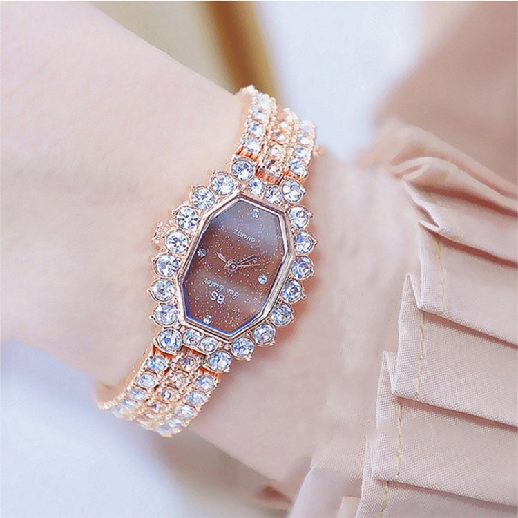 Rose gold octagonal rhinestone bracelet watch with brown dial and jeweled bezel