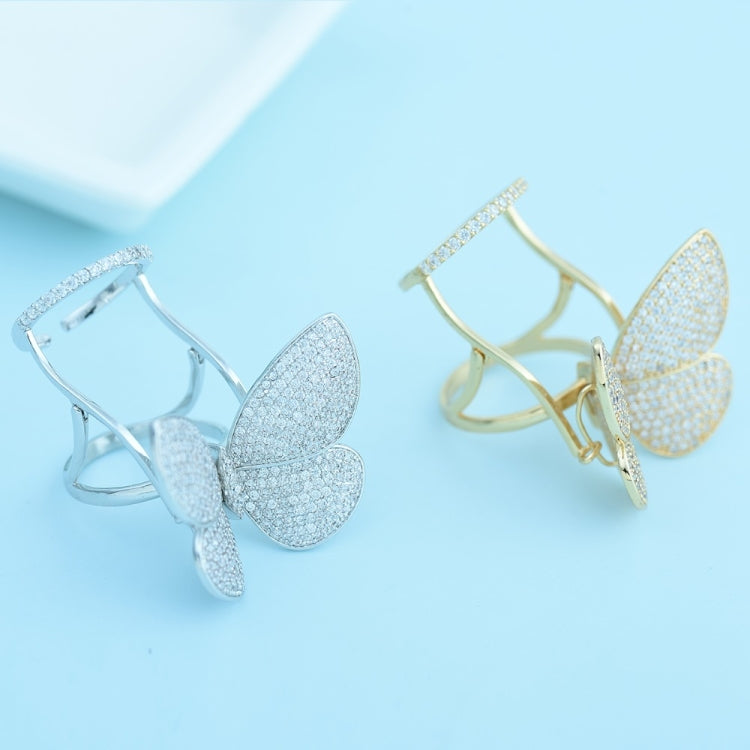 Set of two adjustable butterfly crystal rings: silver-tone and gold-tone
