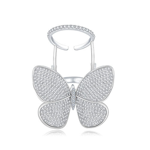 Silver-tone adjustable butterfly crystal ring with four glittering wings and open band