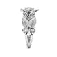 Silver owl-inspired ring with small stones and leaf-texture accents