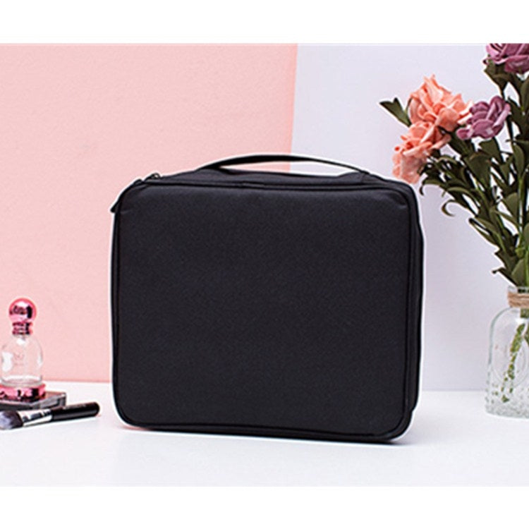 Black large cosmetic bag with top handle and zip closure, rectangular carry design.