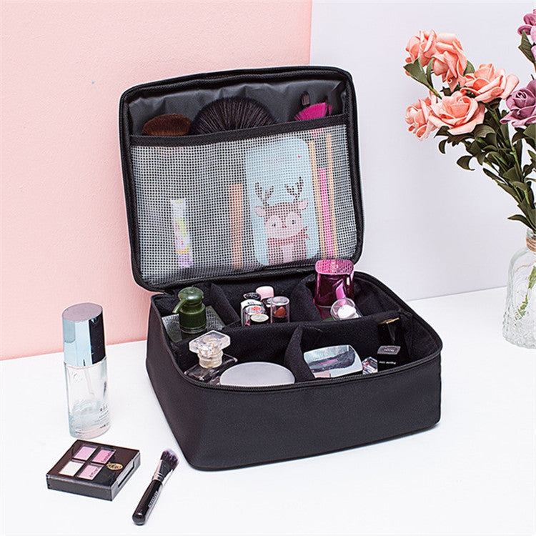Large black cosmetic bag with zip opening and interior net pocket, organized compartments.