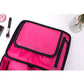 Large pink cosmetic bag with zip opening and clear mesh pocket panel, open interior.