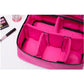 Large pink cosmetic bag interior with padded dividers and mesh pocket, zip opening.