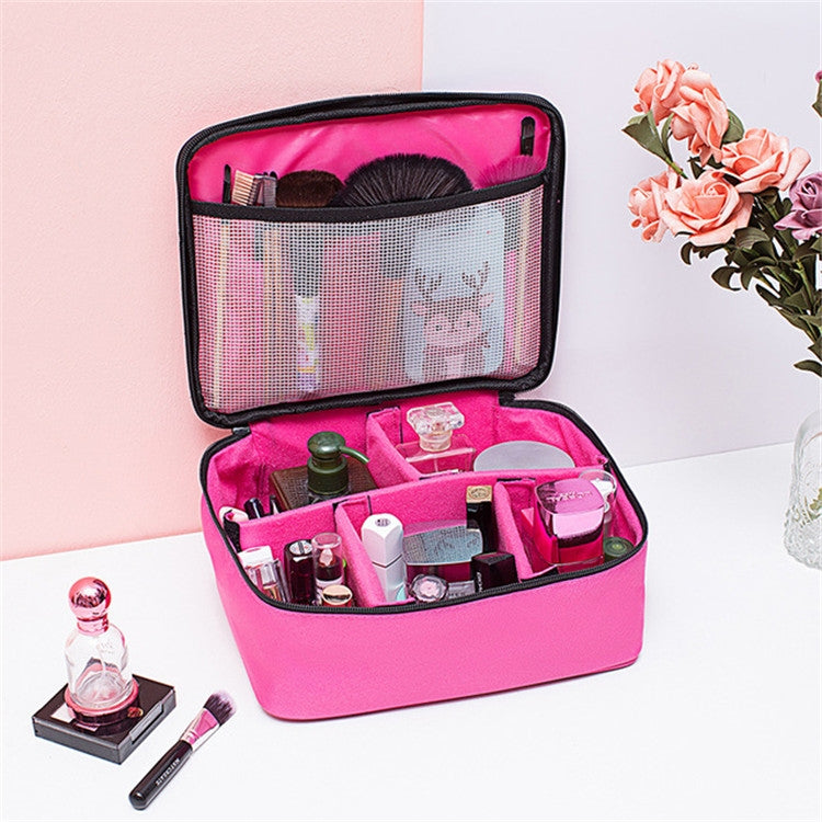 Pink large cosmetic bag with zip top and see-through mesh pocket, holds toiletries.