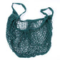 Teal green knit mesh tote bag with strap handles and open net body