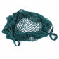 Teal green mesh string tote bag laid open with net liner and loose straps