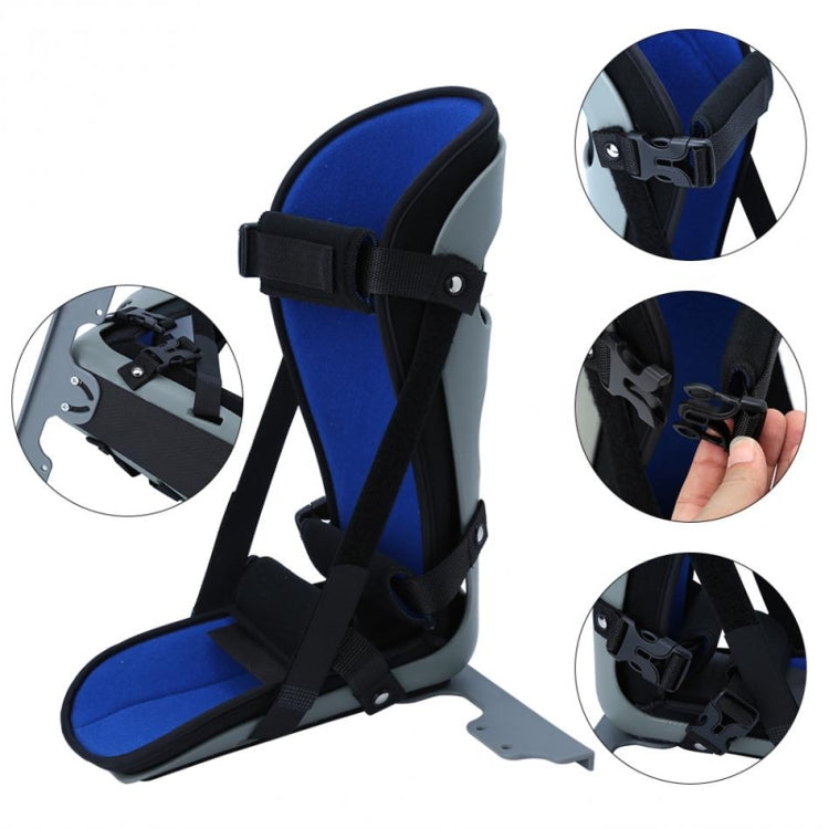 Blue ankle brace on light foot base with black cross straps and side supports