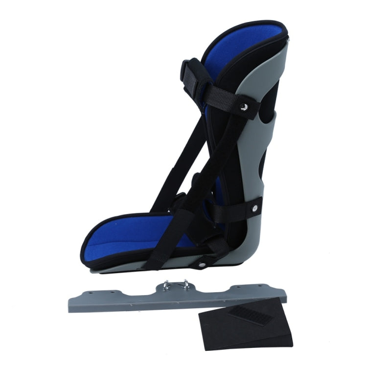 Blue and light gray ankle brace with black straps and extended rigid base