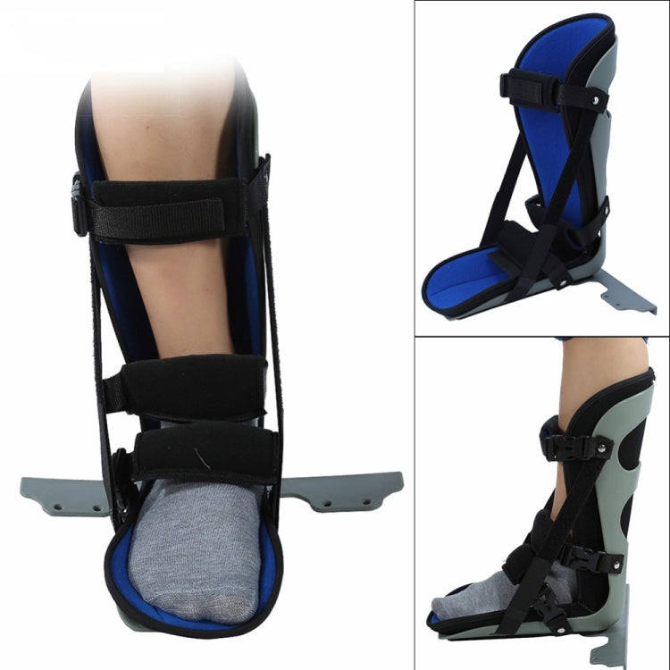 Blue and black ankle brace showing front and side straps with rigid foot plates