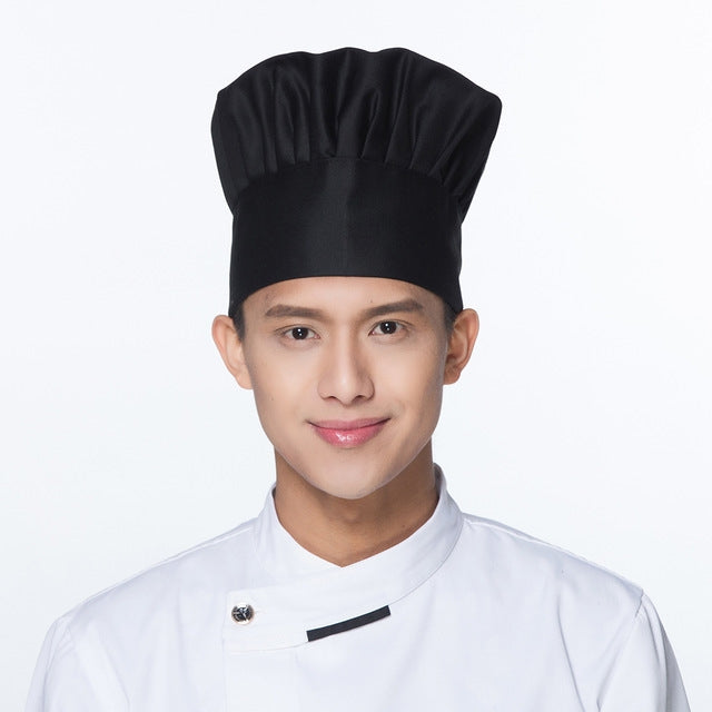 Black pleated chef hat with tall crown and folded brim