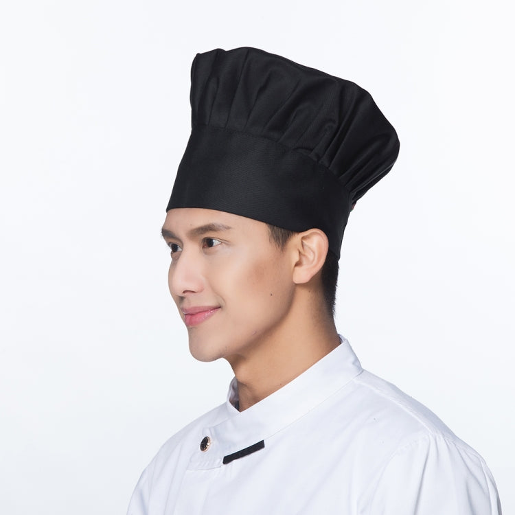 Black pleated chef hat shown from the side