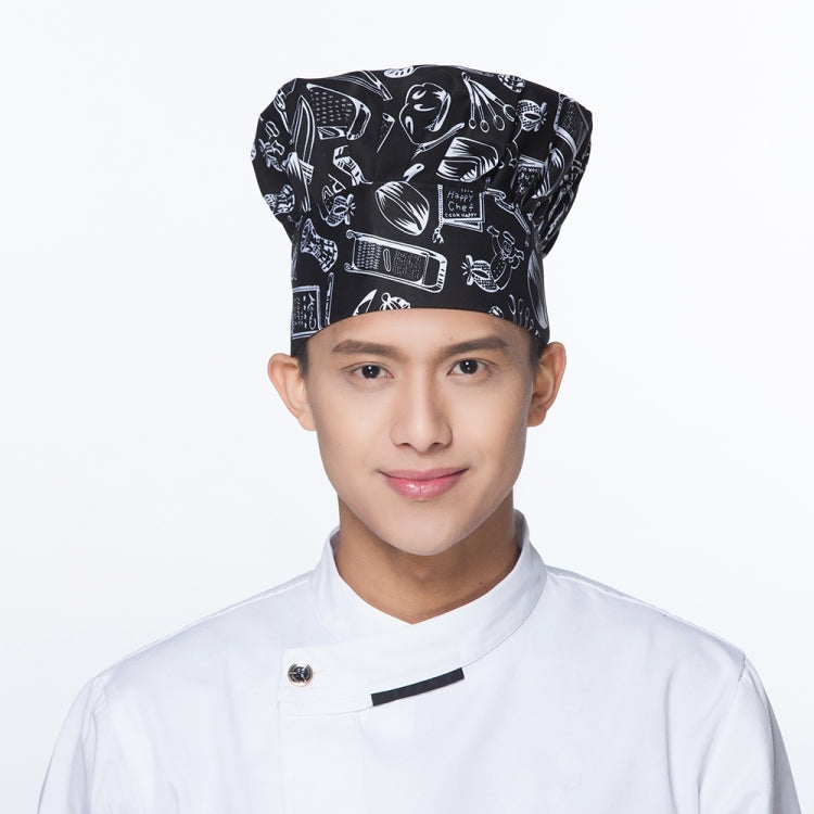 Black chef hat with white novelty kitchen print