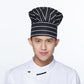 Black chef hat with white horizontal stripes