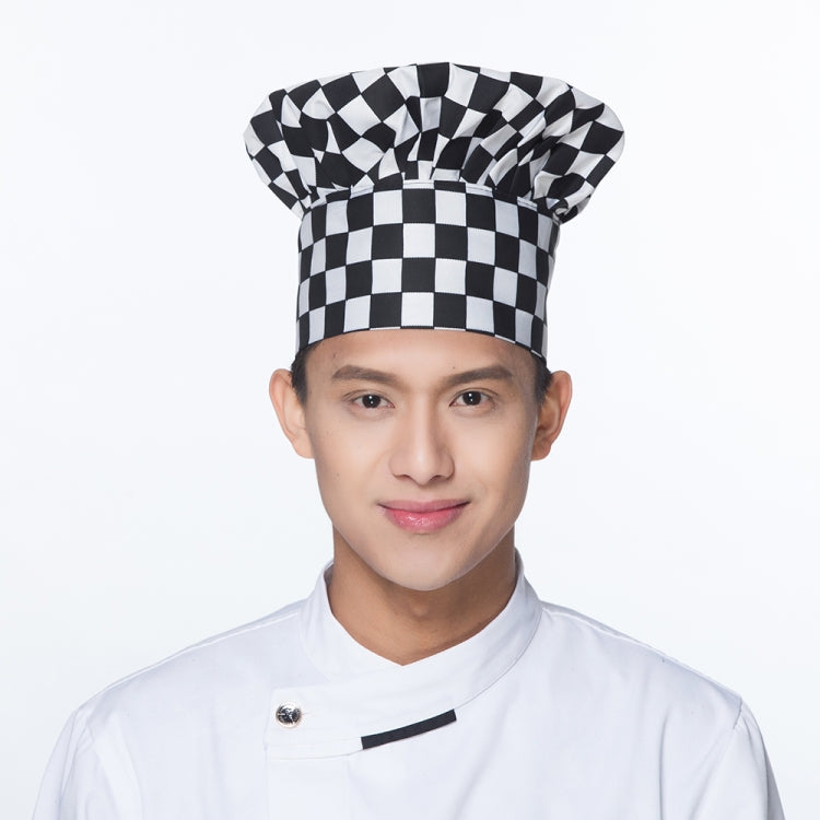 Black-and-white checkered chef hat with puffed crown